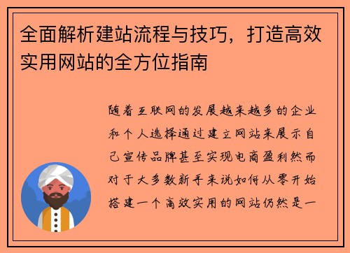 全面解析建站流程与技巧，打造高效实用网站的全方位指南