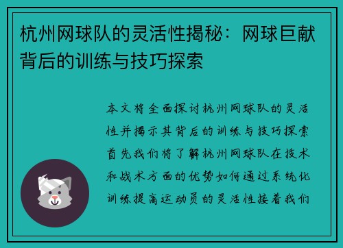 杭州网球队的灵活性揭秘：网球巨献背后的训练与技巧探索